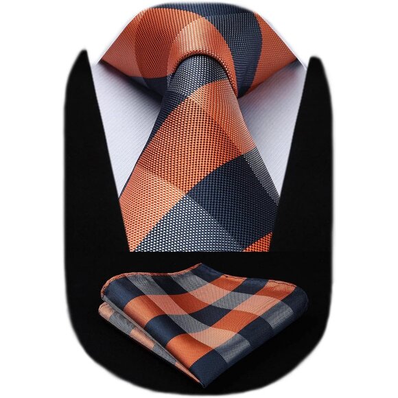 Men's Plaid Checked Ties and Pocket Square Set Classic Necktie Handkerchief
